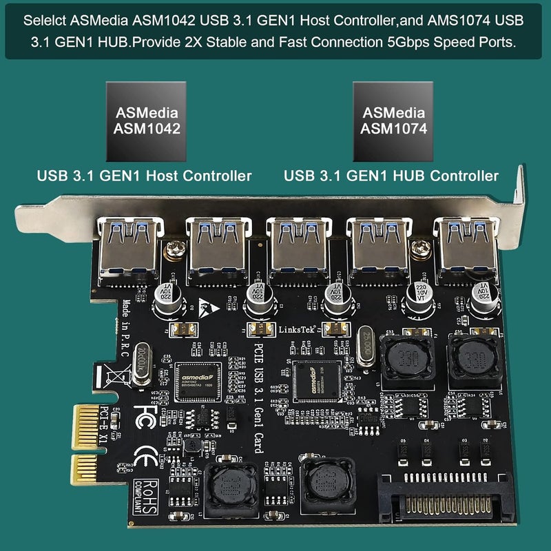 LinksTek 5-Ports PCIE USB 3.0 5Gbps Expansion Card for Desktop PCs, 5X USB-A Ports, Built in Smart Power Distribution Technology, No Need Extra Power Supply (PCIE-U305A) - Image 2